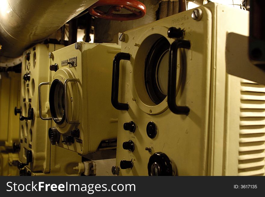 Command compartment. Submarine interiors in World Ocean museum. Kalinigrad (Koenigsberg), Russia. Command compartment. Submarine interiors in World Ocean museum. Kalinigrad (Koenigsberg), Russia