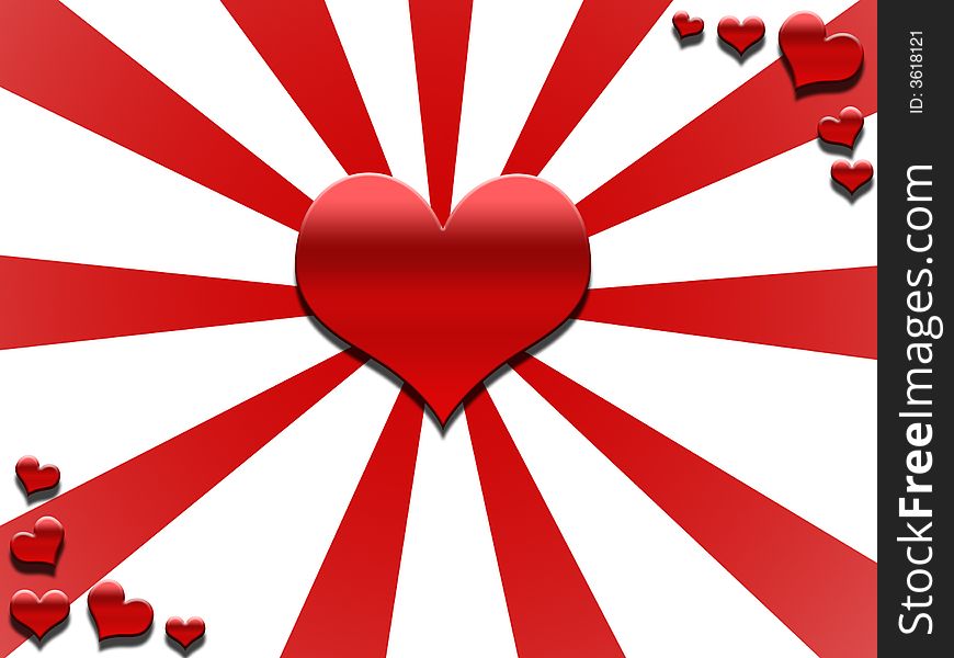 Red valentine hearts over a red sunburst background. Red valentine hearts over a red sunburst background
