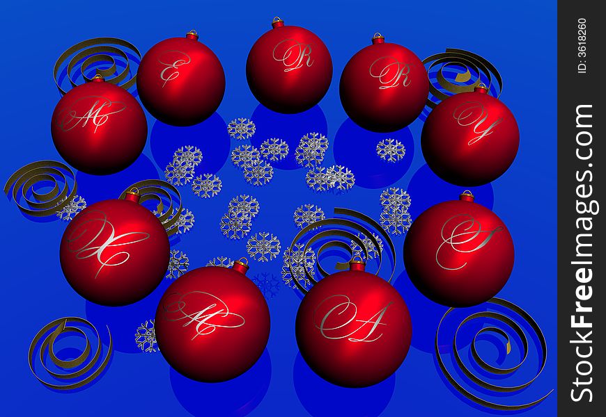 Red balls with inscription Merry Christmas lay on a dark blue background. Snowflakes lay. 3 dimensional model. Red balls with inscription Merry Christmas lay on a dark blue background. Snowflakes lay. 3 dimensional model