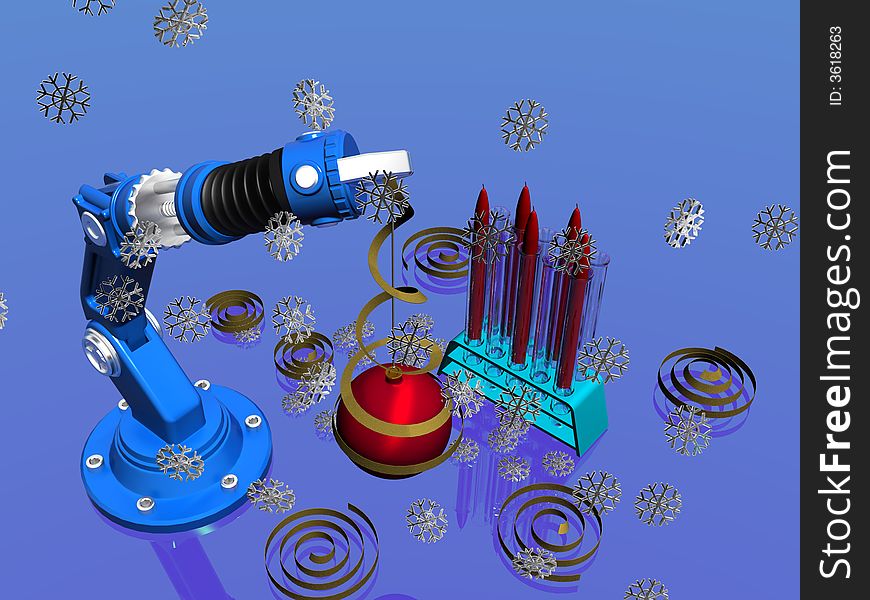 The robot holds a ball. Snowflakes fall. In flasks there are candles. 3 dimensional model. The robot holds a ball. Snowflakes fall. In flasks there are candles. 3 dimensional model