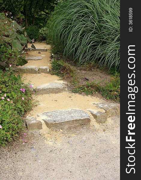 Old stone garden path with shrubs and flowers on either side.