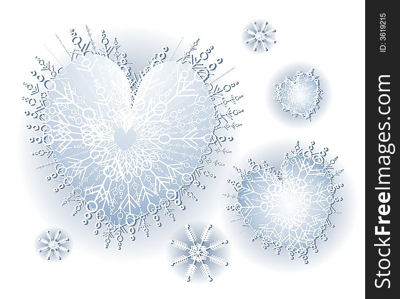 A clip art illustration of heart-shaped snowflakes in white and blue. A clip art illustration of heart-shaped snowflakes in white and blue