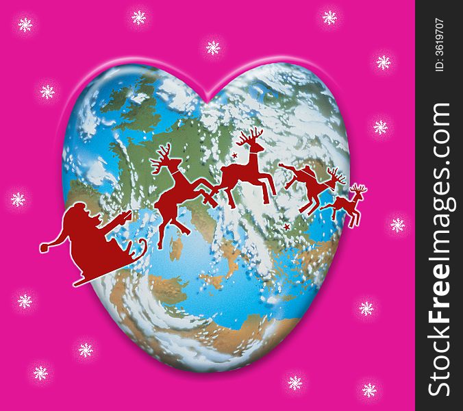 Computer generated earth with Santa and deers flying around the heart shaped world. Computer generated earth with Santa and deers flying around the heart shaped world