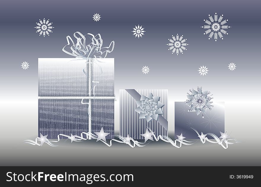 A clip art ilustration of Christmas presents wrapped with pretty paper, bows and ribbons in silver with snowflakes. A clip art ilustration of Christmas presents wrapped with pretty paper, bows and ribbons in silver with snowflakes