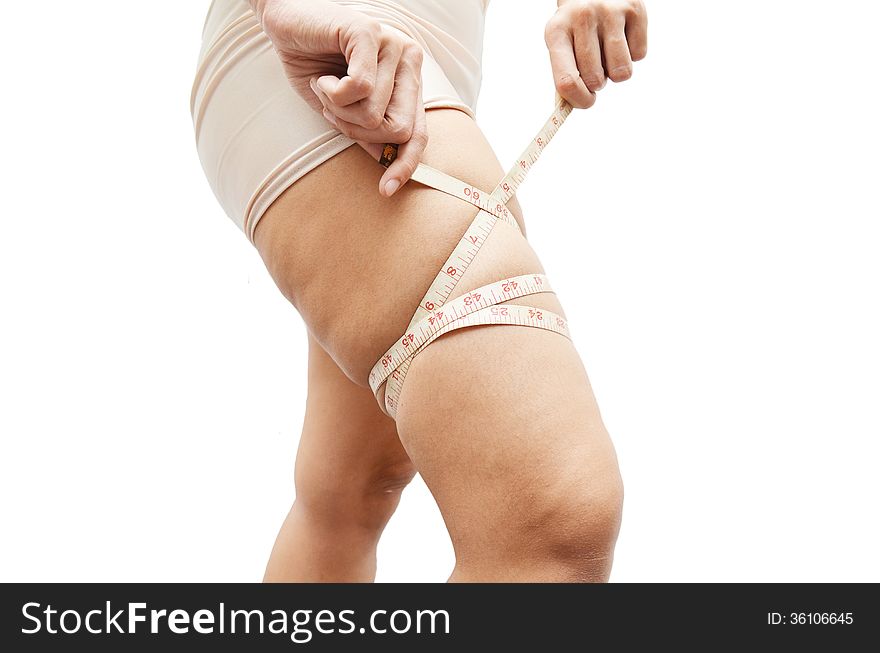 Fat female leg with measure tape on white background