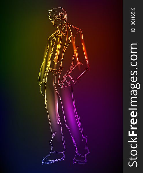 Sketch. Handsome stylish man. Hand-drawn fashion model from a neon. A light man
