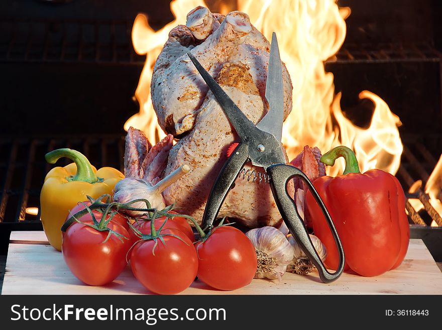 Chicken and Vegetables before the Flame in BBQ Facilities. Chicken and Vegetables before the Flame in BBQ Facilities