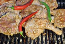 Grilled Chicken Legs And Vegetables In BBQ Cast Iron Grill Royalty Free Stock Photography Grilled Chicken Legs And Vegetables In BBQ Cast Iron Grill Royalty Free Stock Photography
