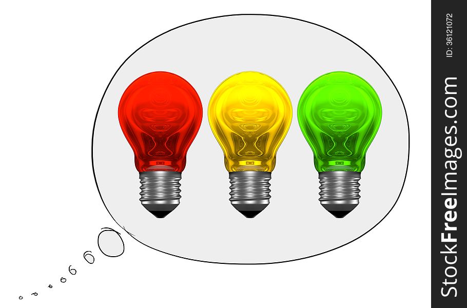 In search of good idea. Red, yellow and green light bulbs with weird reflections in thought bubble