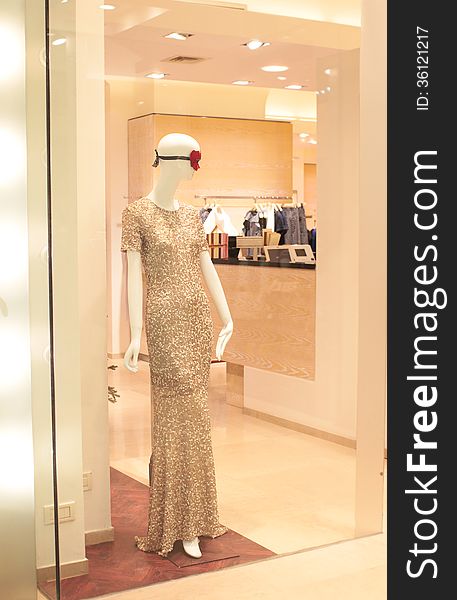 Fashionable evening dress in shopping window.