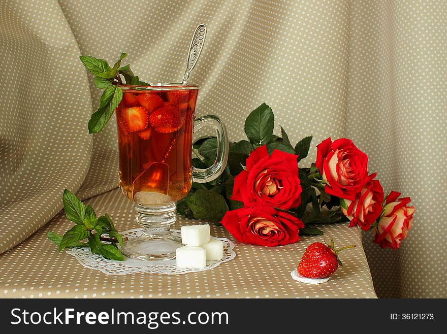 Bouquet of red roses and strawberry mojito. Bouquet of red roses and strawberry mojito