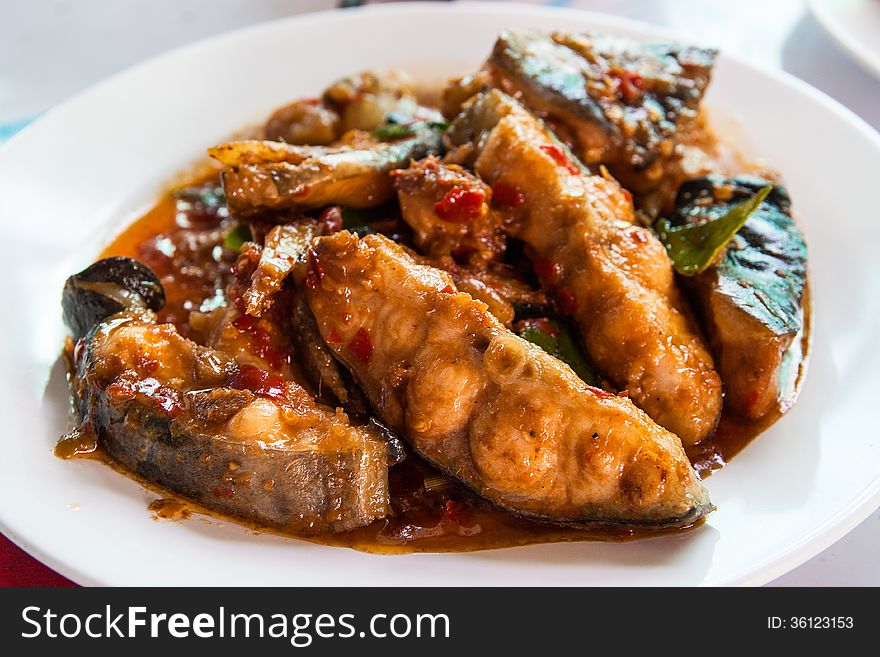 Thai Stir-fried Spicy sheatfish is Thai food