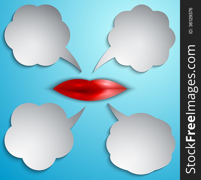 Vector speech bubble set with lips on light blue background