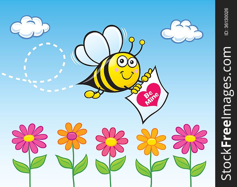 Cartoon illustration of a bee flying and holding a note that says Be Mine inside of a heart shape with colorful flowers below and clouds in the background. Cartoon illustration of a bee flying and holding a note that says Be Mine inside of a heart shape with colorful flowers below and clouds in the background.