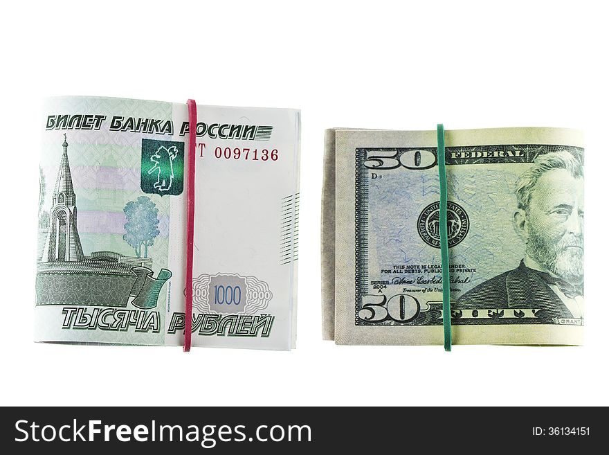 Two packs of 1000 - ruble and 50 - dollar bills, tapered elastic