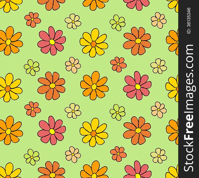 Colorful Flower Pattern on Green Background