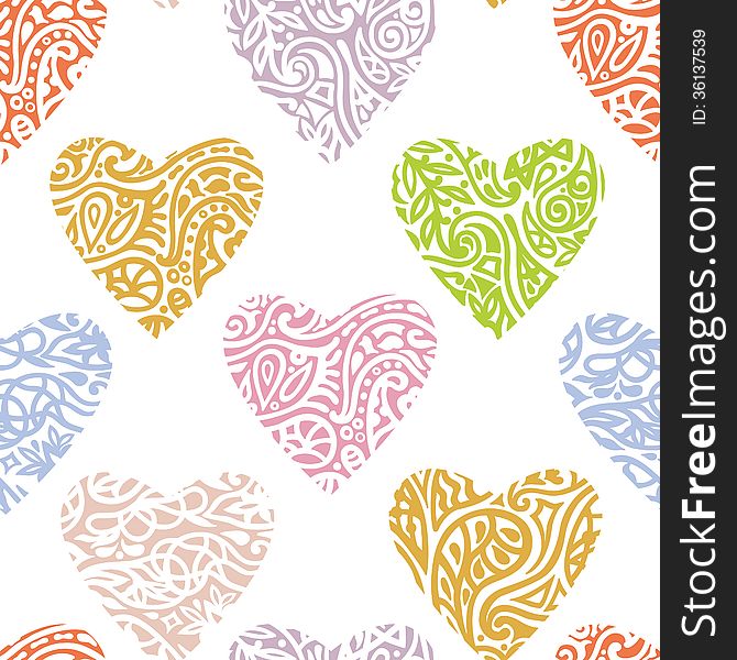 Colored hearts ornate seamless background. Colored hearts ornate seamless background