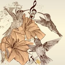 Vintage  Background With Birds And Flowers Royalty Free Stock Images