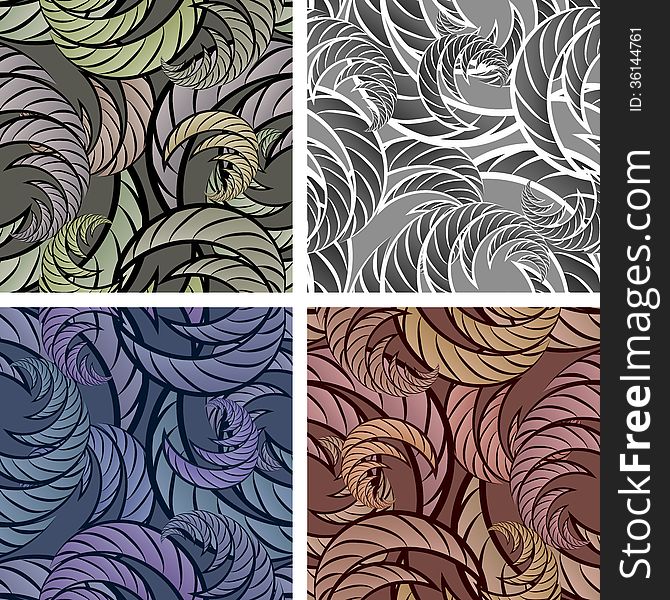 Set of seamless floral abstract patterns drawn in fore different color variations. Each variation contains pattern and separated background. Set of seamless floral abstract patterns drawn in fore different color variations. Each variation contains pattern and separated background