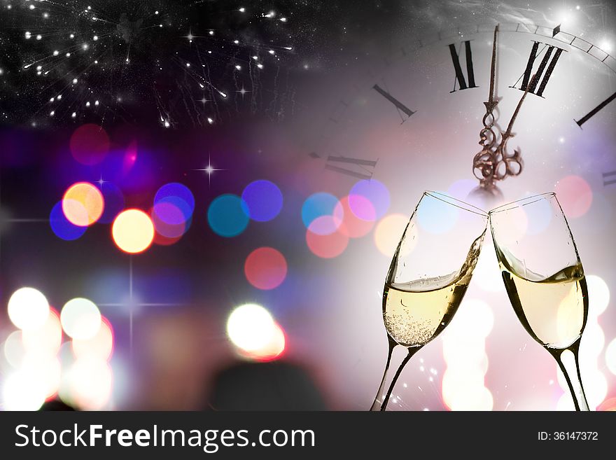 Glasses With Champagne Against Fireworks And Clock