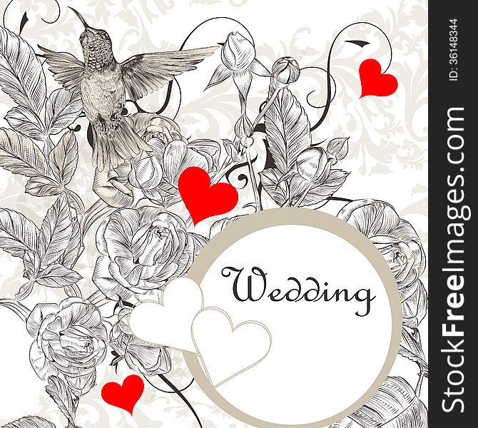 Elegant  Wedding Invitation Card With Roses And Bird