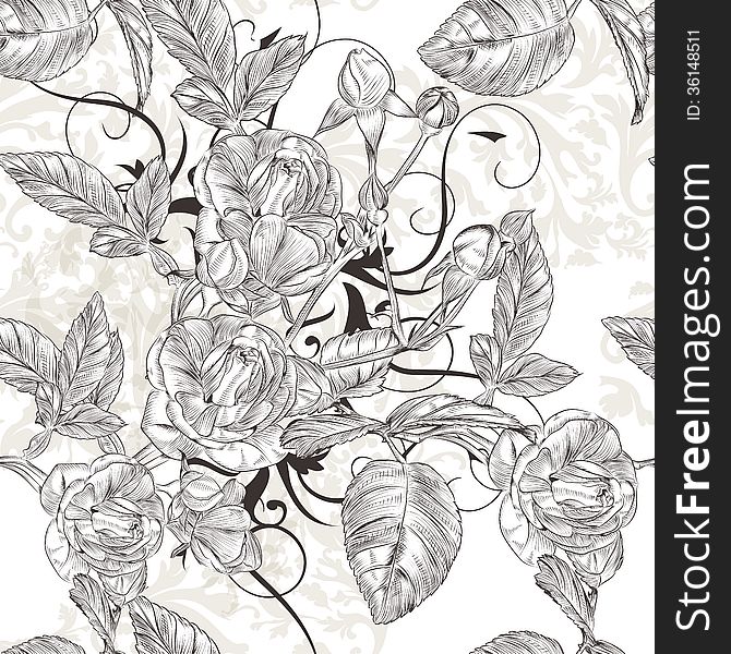 Vector Seamless Wallpaper Pattern With Roses Flowers