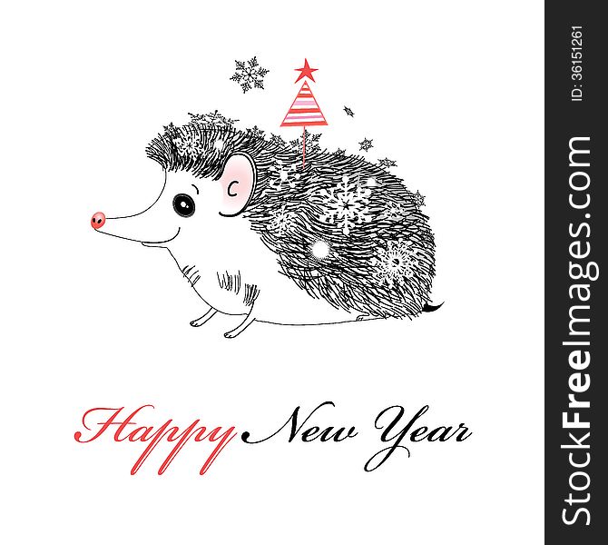 Christmas greeting card with a fun graphic hedgehog. Christmas greeting card with a fun graphic hedgehog