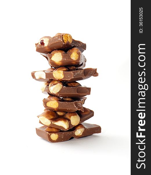 Chocolate with nuts  on white background