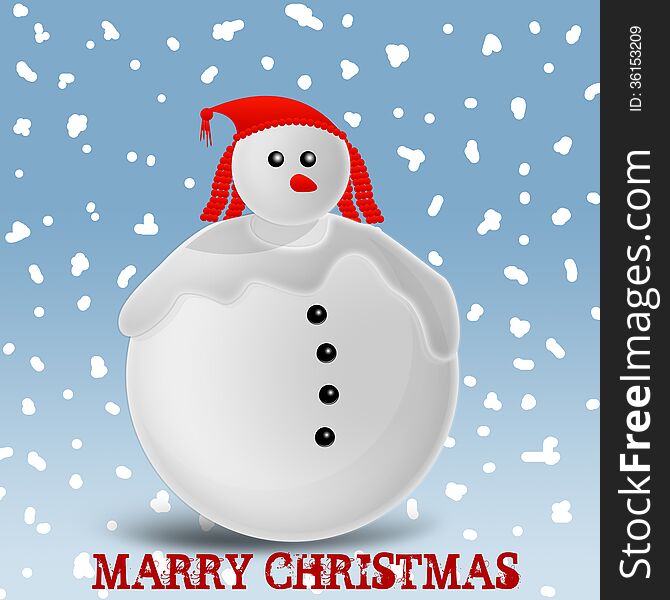 Snow man with red cap on blue background having snow fall.