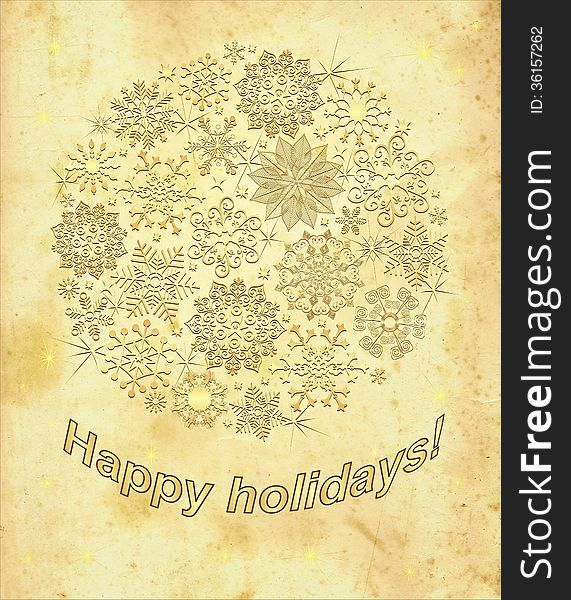 Grungy christmas frame with gold snowflakes