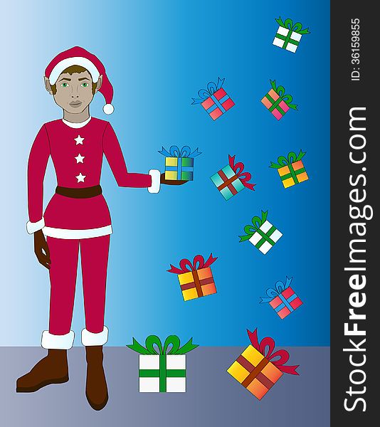 Illustration of a Christmas elf in a shower of gifts, standing over gray floor and blue gradient background a wall. Illustration of a Christmas elf in a shower of gifts, standing over gray floor and blue gradient background a wall.