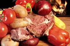 Fresh Steak And Vegetables At The Open Fireplace Stock Photo Fresh Steak And Vegetables At The Open Fireplace Stock Photo