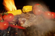 Rib Steak And Vegetables On BBQ Grill Stock Images Rib Steak And Vegetables On BBQ Grill Stock Images