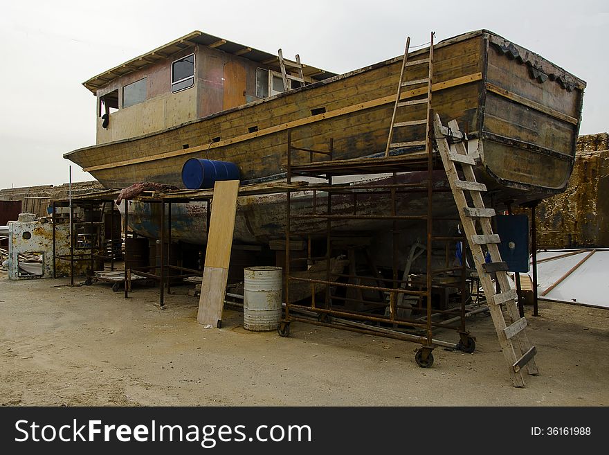 Wood ship in a Shipyard wighting for recondition Jaffa Tel-Aviv,israel.