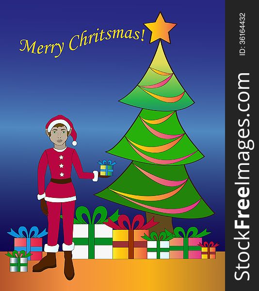 Illustration of a Christmas elf with Christmas tree and gifts, standing on orange floor with blue gradient background. Header with text Merry Christmas.