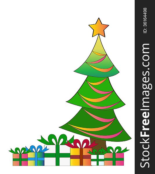 Illustration of a Christmas pine tree with many presents on his foot, on isolated background. Illustration of a Christmas pine tree with many presents on his foot, on isolated background.