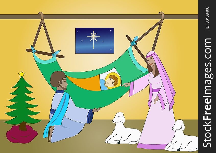 Illustration of the birth of Jesus, with St. Joseph and the Virgin Mary, two sheep and Christmas trees. He looks out the window the star of Bethlehem.