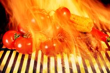 Grilled Rib Steak And Vegetables In The Flames Of BBQ Royalty Free Stock Photo Grilled Rib Steak And Vegetables In The Flames Of BBQ Royalty Free Stock Photo