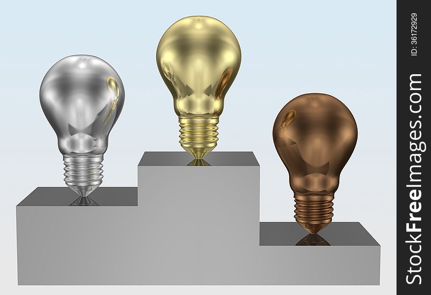 Golden, silver and bronze light bulbs on pedestal. Competition of ideas