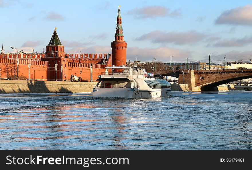 River landscape with Kremlin towers in Moscow