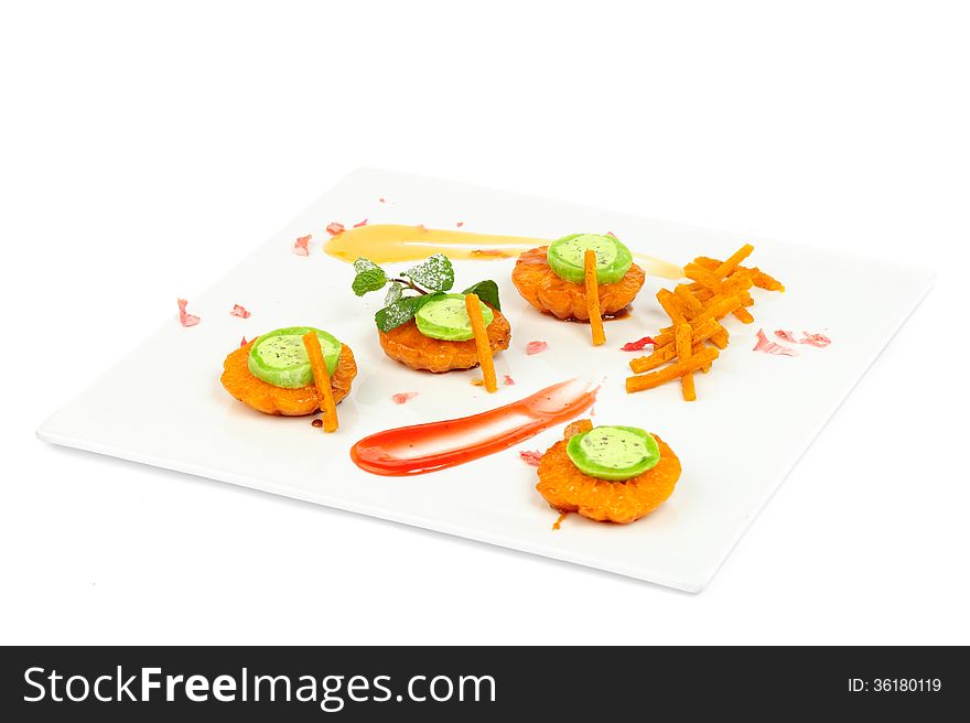 Japanese dessert Mochi with sliced mandarines served on plate