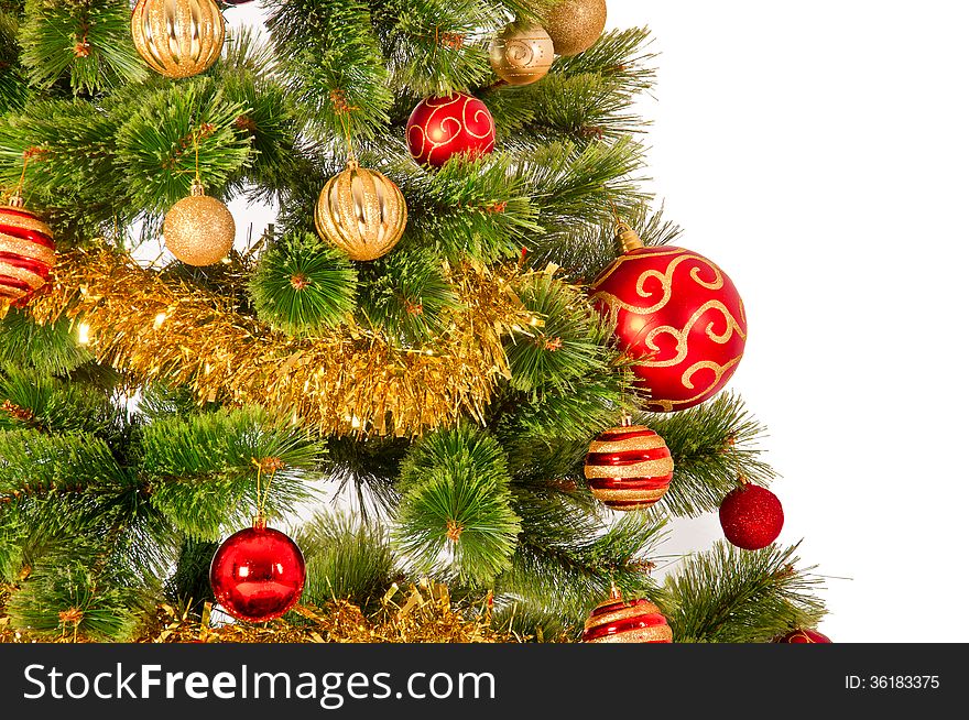Decorated Christmas tree on white background, card template