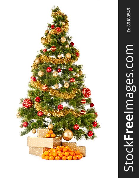 Christmas tree with gifts and presents and mandarines, isolated on white. Christmas tree with gifts and presents and mandarines, isolated on white