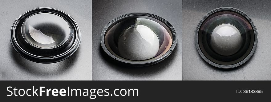 Three different views of convex front lens of photo objective. Three different views of convex front lens of photo objective