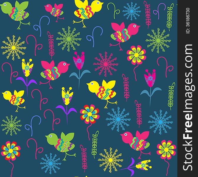 Cute Seamless Pattern With Cartoon Bird And Flower