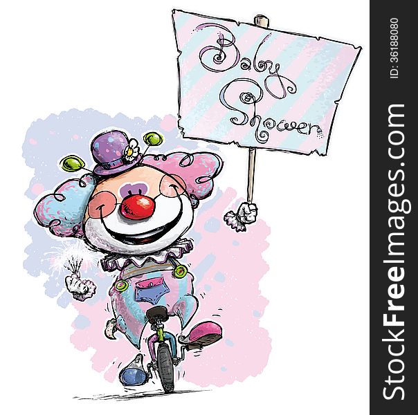 Clown on Unicycle Holding a Baby Shower Placard