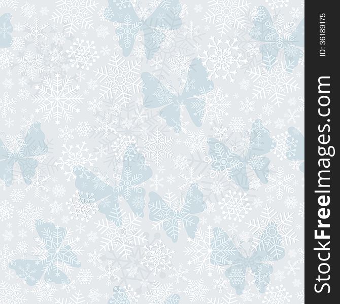 Seamless silvery Christmas pattern with snowflakes and butterflies (vector eps 10)