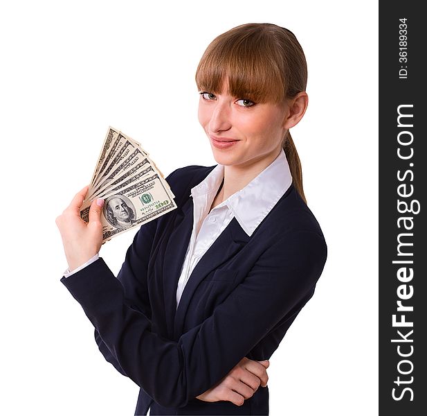 Happy business woman holding cash dollars in the hands of welcoming smile. The concept of finance success. Isolated, space for text