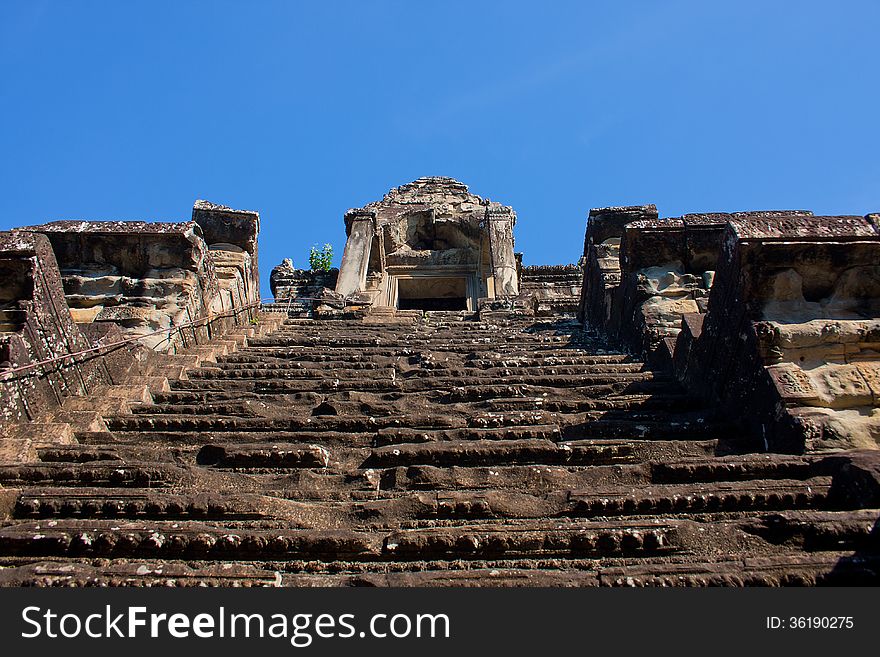 Very High Stairs In Angor Wat Temple In Cambodia