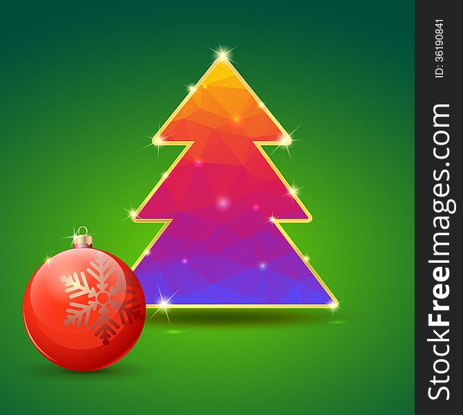 Greeting with Christmas tree and ball on green background with festive lights